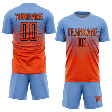 Custom Light Blue Orange-Black Sublimation Soccer Uniform Jersey