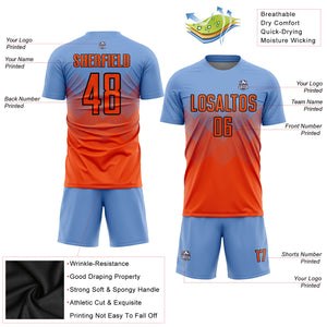 Custom Light Blue Orange-Black Sublimation Soccer Uniform Jersey
