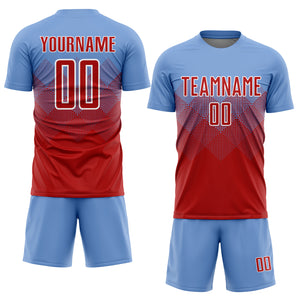Custom Light Blue Red-White Sublimation Soccer Uniform Jersey
