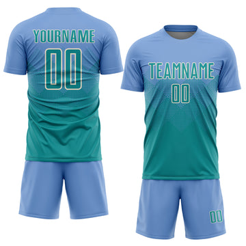 Custom Light Blue Teal-Cream Sublimation Soccer Uniform Jersey