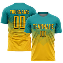 Load image into Gallery viewer, Custom Teal Gold-Black Sublimation Soccer Uniform Jersey
