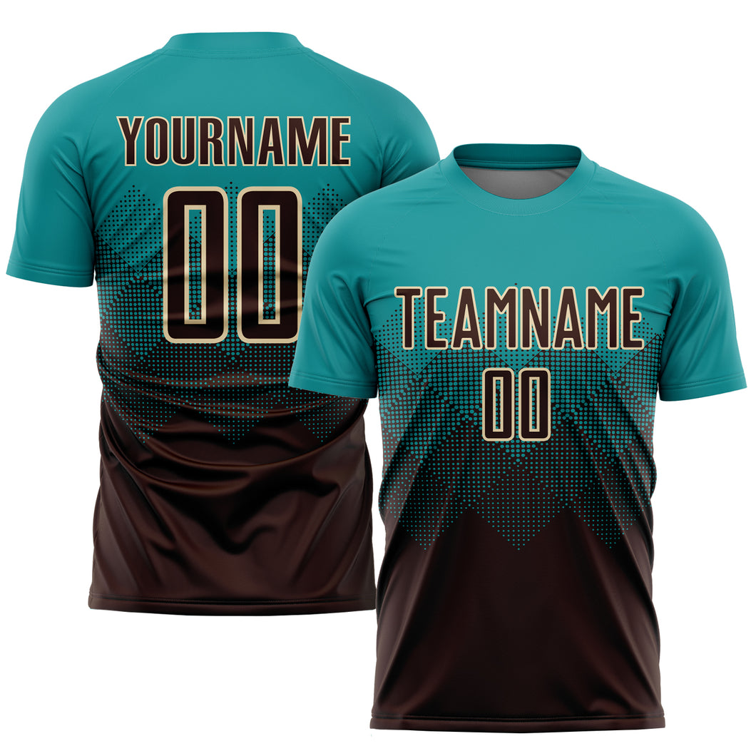 Custom Teal Brown-Cream Sublimation Soccer Uniform Jersey