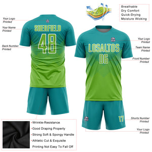 Custom Teal Neon Green-White Sublimation Soccer Uniform Jersey