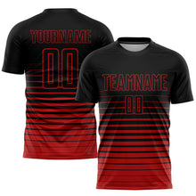 Laden Sie das Bild in den Galerie-Viewer, Custom Black Red Pinstripe Fade Fashion Sublimation Soccer Uniform Jersey
