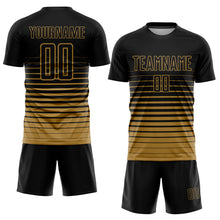 Laden Sie das Bild in den Galerie-Viewer, Custom Black Old Gold Pinstripe Fade Fashion Sublimation Soccer Uniform Jersey

