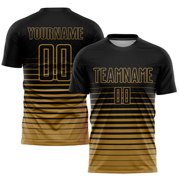 Custom Black Old Gold Pinstripe Fade Fashion Sublimation Soccer Uniform Jersey