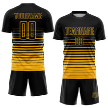 Laden Sie das Bild in den Galerie-Viewer, Custom Black Gold Pinstripe Fade Fashion Sublimation Soccer Uniform Jersey
