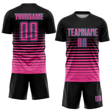 Laden Sie das Bild in den Galerie-Viewer, Custom Black Pink-Light Blue Pinstripe Fade Fashion Sublimation Soccer Uniform Jersey
