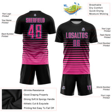 Laden Sie das Bild in den Galerie-Viewer, Custom Black Pink-Light Blue Pinstripe Fade Fashion Sublimation Soccer Uniform Jersey
