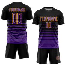 Laden Sie das Bild in den Galerie-Viewer, Custom Black Purple-Gold Pinstripe Fade Fashion Sublimation Soccer Uniform Jersey
