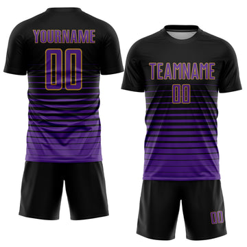 Custom Black Purple-Old Gold Pinstripe Fade Fashion Sublimation Soccer Uniform Jersey