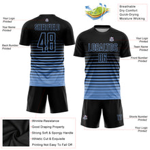 Laden Sie das Bild in den Galerie-Viewer, Custom Black Light Blue Pinstripe Fade Fashion Sublimation Soccer Uniform Jersey

