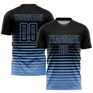 Custom Black Light Blue Pinstripe Fade Fashion Sublimation Soccer Uniform Jersey