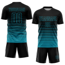 Laden Sie das Bild in den Galerie-Viewer, Custom Black Teal Pinstripe Fade Fashion Sublimation Soccer Uniform Jersey
