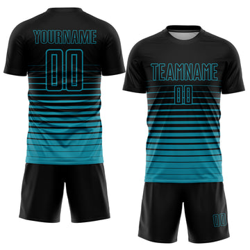 Custom Black Teal Pinstripe Fade Fashion Sublimation Soccer Uniform Jersey