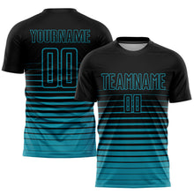 Laden Sie das Bild in den Galerie-Viewer, Custom Black Teal Pinstripe Fade Fashion Sublimation Soccer Uniform Jersey
