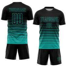 Load image into Gallery viewer, Custom Black Aqua Pinstripe Fade Fashion Sublimation Soccer Uniform Jersey
