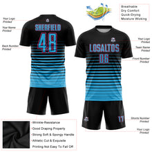 Laden Sie das Bild in den Galerie-Viewer, Custom Black Sky Blue-Pink Pinstripe Fade Fashion Sublimation Soccer Uniform Jersey
