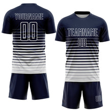 Laden Sie das Bild in den Galerie-Viewer, Custom Navy White Pinstripe Fade Fashion Sublimation Soccer Uniform Jersey

