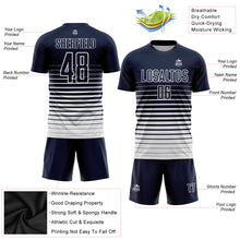 Laden Sie das Bild in den Galerie-Viewer, Custom Navy White Pinstripe Fade Fashion Sublimation Soccer Uniform Jersey
