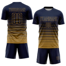 Laden Sie das Bild in den Galerie-Viewer, Custom Navy Old Gold Pinstripe Fade Fashion Sublimation Soccer Uniform Jersey
