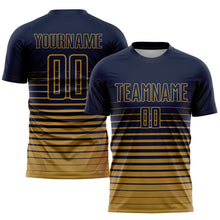 Laden Sie das Bild in den Galerie-Viewer, Custom Navy Old Gold Pinstripe Fade Fashion Sublimation Soccer Uniform Jersey
