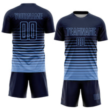 Laden Sie das Bild in den Galerie-Viewer, Custom Navy Light Blue Pinstripe Fade Fashion Sublimation Soccer Uniform Jersey
