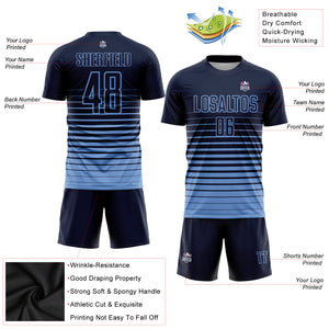 Custom Navy Light Blue Pinstripe Fade Fashion Sublimation Soccer Uniform Jersey