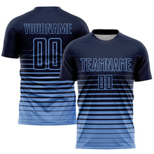 Laden Sie das Bild in den Galerie-Viewer, Custom Navy Light Blue Pinstripe Fade Fashion Sublimation Soccer Uniform Jersey
