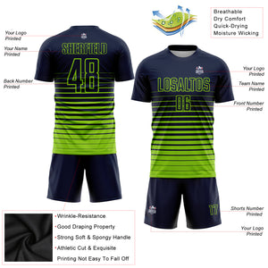Custom Navy Neon Green Pinstripe Fade Fashion Sublimation Soccer Uniform Jersey