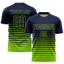 Laden Sie das Bild in den Galerie-Viewer, Custom Navy Neon Green Pinstripe Fade Fashion Sublimation Soccer Uniform Jersey
