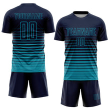 Laden Sie das Bild in den Galerie-Viewer, Custom Navy Teal Pinstripe Fade Fashion Sublimation Soccer Uniform Jersey
