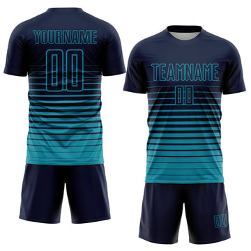 Custom Navy Teal Pinstripe Fade Fashion Sublimation Soccer Uniform Jersey