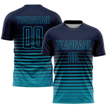 Load image into Gallery viewer, Custom Navy Teal Pinstripe Fade Fashion Sublimation Soccer Uniform Jersey

