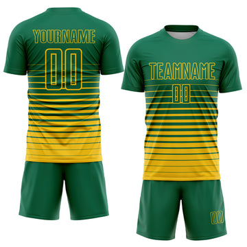 Custom Kelly Green Yellow Pinstripe Fade Fashion Sublimation Soccer Uniform Jersey