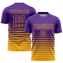 Load image into Gallery viewer, Custom Purple Gold Pinstripe Fade Fashion Sublimation Soccer Uniform Jersey
