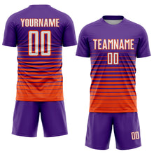 Laden Sie das Bild in den Galerie-Viewer, Custom Purple White-Orange Pinstripe Fade Fashion Sublimation Soccer Uniform Jersey
