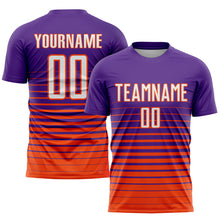 Laden Sie das Bild in den Galerie-Viewer, Custom Purple White-Orange Pinstripe Fade Fashion Sublimation Soccer Uniform Jersey
