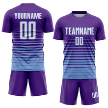 Laden Sie das Bild in den Galerie-Viewer, Custom Purple White-Light Blue Pinstripe Fade Fashion Sublimation Soccer Uniform Jersey
