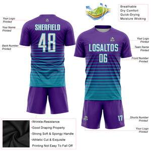 Custom Purple White-Teal Pinstripe Fade Fashion Sublimation Soccer Uniform Jersey