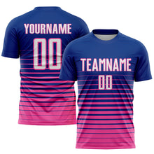 Load image into Gallery viewer, Custom Royal White-Pink Pinstripe Fade Fashion Sublimation Soccer Uniform Jersey
