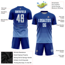 Load image into Gallery viewer, Custom Royal White-Light Blue Pinstripe Fade Fashion Sublimation Soccer Uniform Jersey
