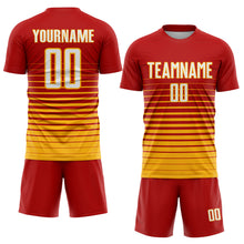 Laden Sie das Bild in den Galerie-Viewer, Custom Red White-Gold Pinstripe Fade Fashion Sublimation Soccer Uniform Jersey
