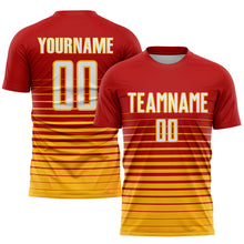 Load image into Gallery viewer, Custom Red White-Gold Pinstripe Fade Fashion Sublimation Soccer Uniform Jersey
