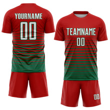 Laden Sie das Bild in den Galerie-Viewer, Custom Red White-Kelly Green Pinstripe Fade Fashion Sublimation Soccer Uniform Jersey
