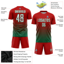 Laden Sie das Bild in den Galerie-Viewer, Custom Red White-Kelly Green Pinstripe Fade Fashion Sublimation Soccer Uniform Jersey
