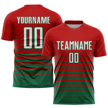 Laden Sie das Bild in den Galerie-Viewer, Custom Red White-Kelly Green Pinstripe Fade Fashion Sublimation Soccer Uniform Jersey
