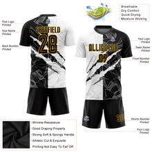 Laden Sie das Bild in den Galerie-Viewer, Custom Graffiti Pattern Black-Gold Scratch Sublimation Soccer Uniform Jersey
