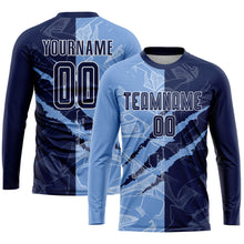 Laden Sie das Bild in den Galerie-Viewer, Custom Graffiti Pattern Navy-Light Blue Scratch Sublimation Soccer Uniform Jersey
