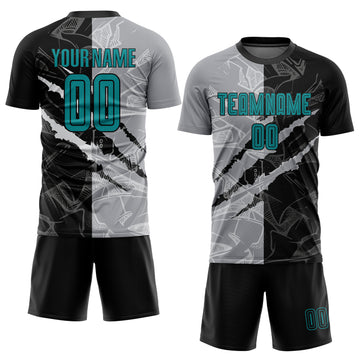 Custom Graffiti Pattern Teal Black-Gray Scratch Sublimation Soccer Uniform Jersey
